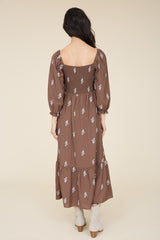 Brown Floral Embroidery Smocked Midi Dress