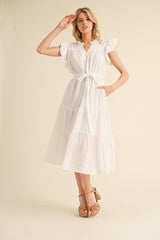 White Textured Belted Midi Dress