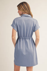 Blue Front Zip Drawstring Waist Dress