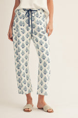 Drawstring Waist Blue Baroque Floral Barrel Pants