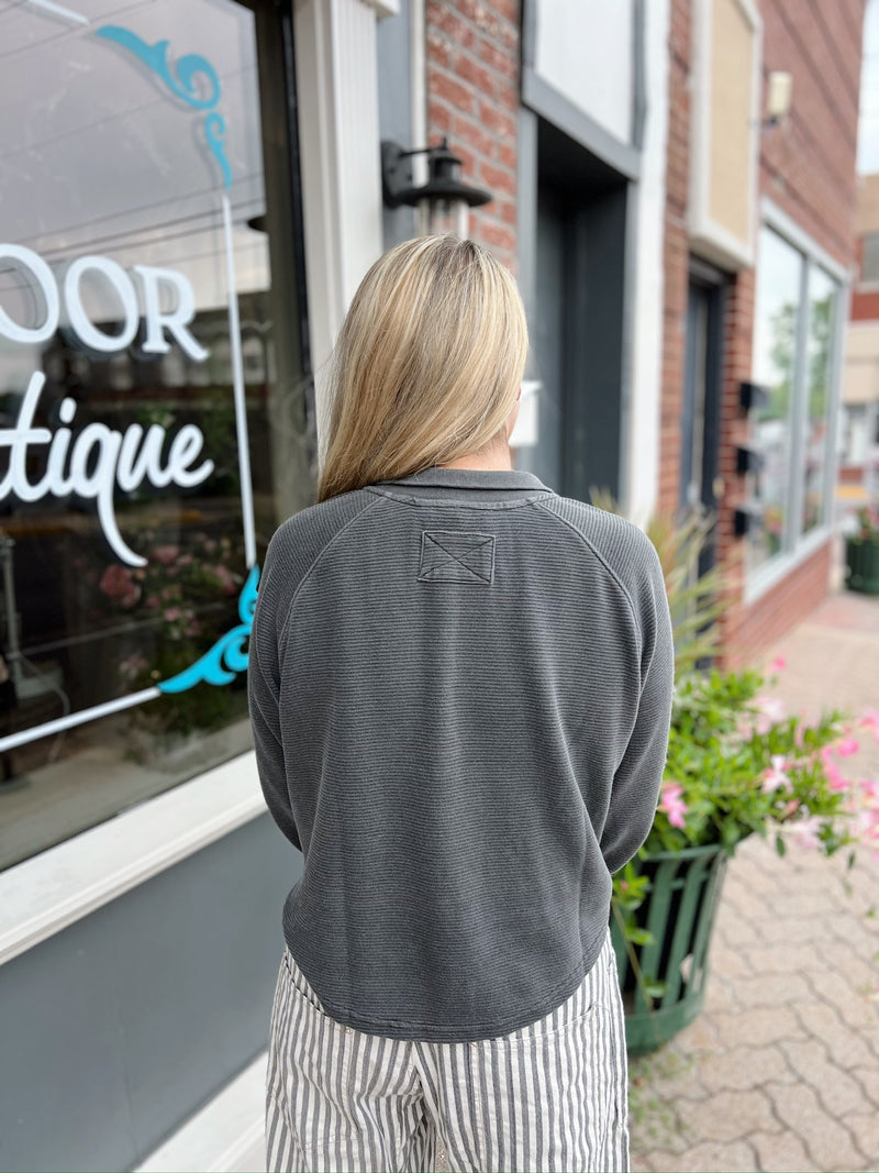Charcoal Ribbed Mock Neck Snap Detail Top