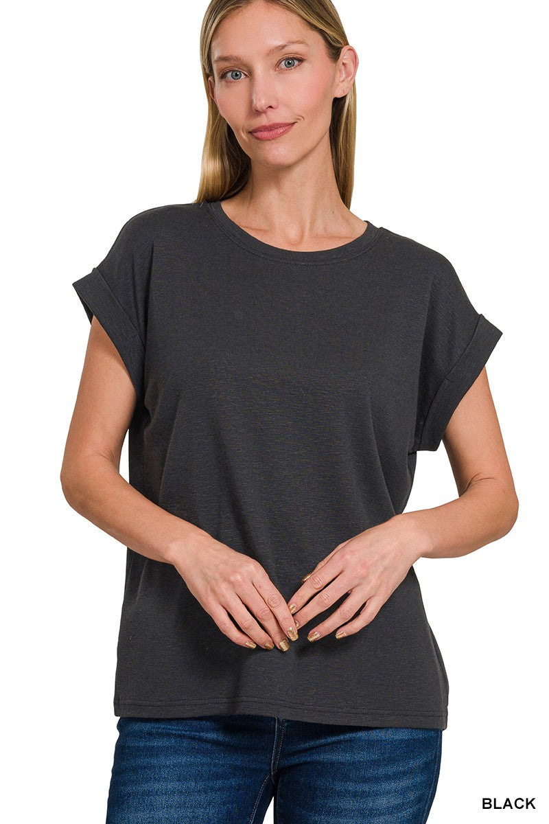 Relaxed Fit Round Neck Rolled Sleeve Top