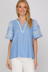 Blue Neck Detail Embroidered Puff Sleeve Top