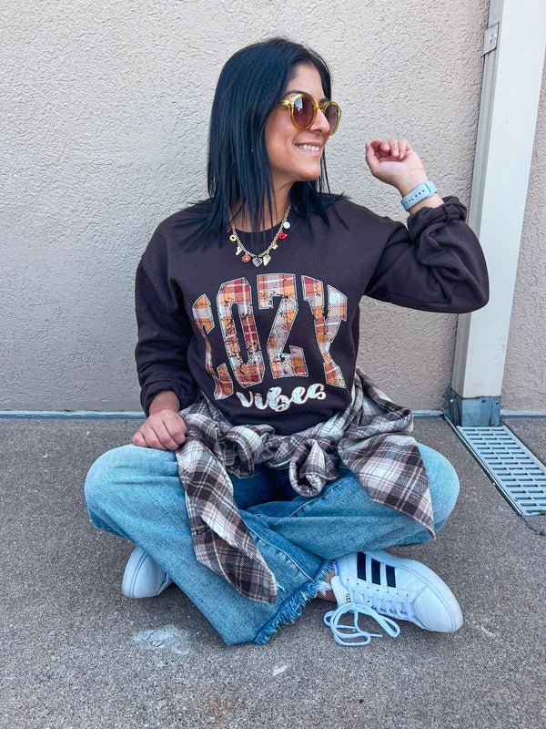 Brown Cozy Vibes Plaid Logo Sweatshirt