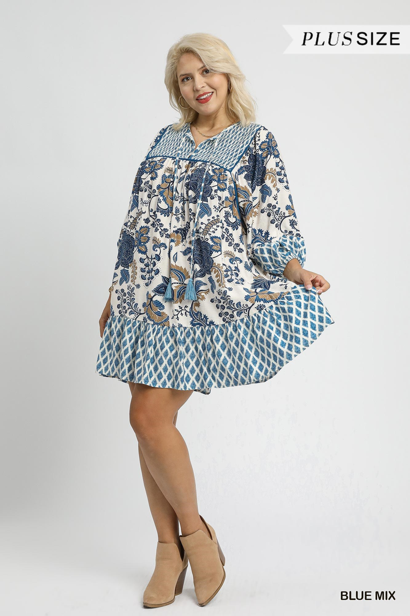 Curvy Blue Mixed Print Dress
