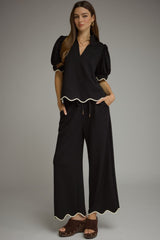 Black Scallop Trim Hem Elastic Waist Pants