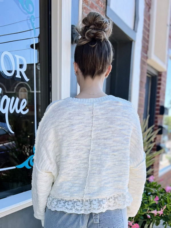 Ivory Sweater With Scallop Lace Hem