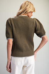Olive Whipstitch Detail Button Front Short Sleeve Sweater