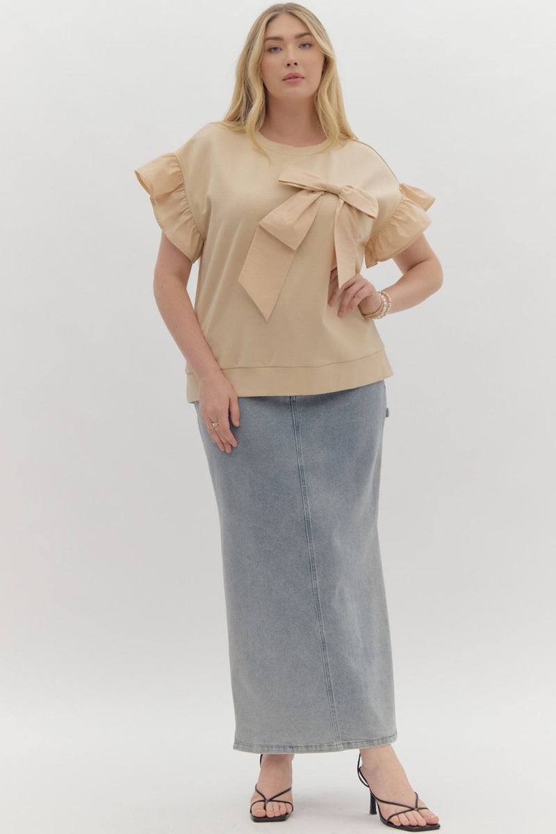 Curvy Cream 3D Bow Cap Sleeve Top