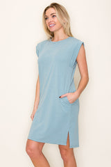 Aqua Scoop Neck Cap Sleeve Striped Mini Dress