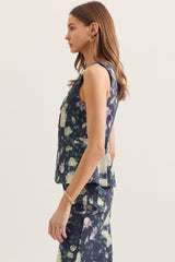 Navy Floral Sleeveless Gold Button Front Top