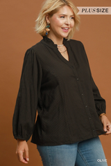 Curvy Olive Plaid Ruffle Neck Button Down Top