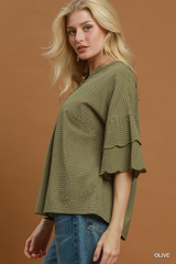 Olive Checkered Scallop Ruffled Hem Top