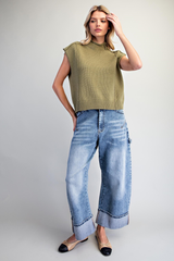 Olive Mock Neck Exposed Seam Knit Top