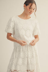 White Short Puff Sleeve Scalloped Lace Top