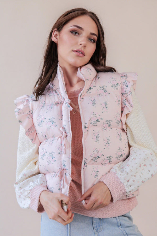Pink Floral Puffer Vest With Ruffle Shoulder