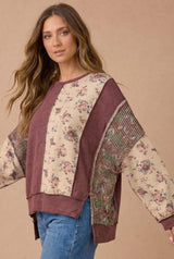 Mixed Fabric Floral Waffle Knit Top