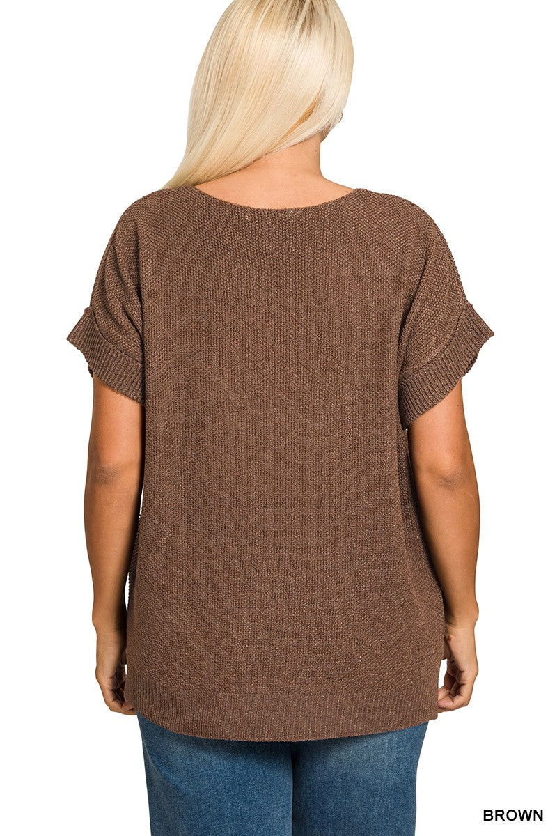 Curvy Short Sleeve Sweater With Center Seam