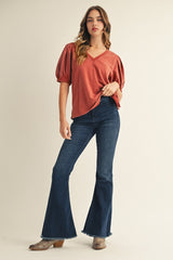 Rust V Neck Poof Sleeve Shirt