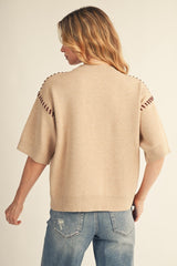 Oatmeal Drop Sleeve Whipstitch Trim  Sweater