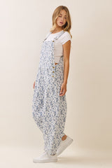 Curvy White and Blue Floral Print Cropped Overalls
