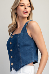 Denim Rectangle Neck Button Front Vest