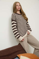 Brown Contrast Striped Sweater With Front Seam