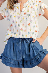 Denim Drawstring Ruffle Tiered Shorts