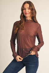 Brown Merrow Edge Polka Dot Mesh Top
