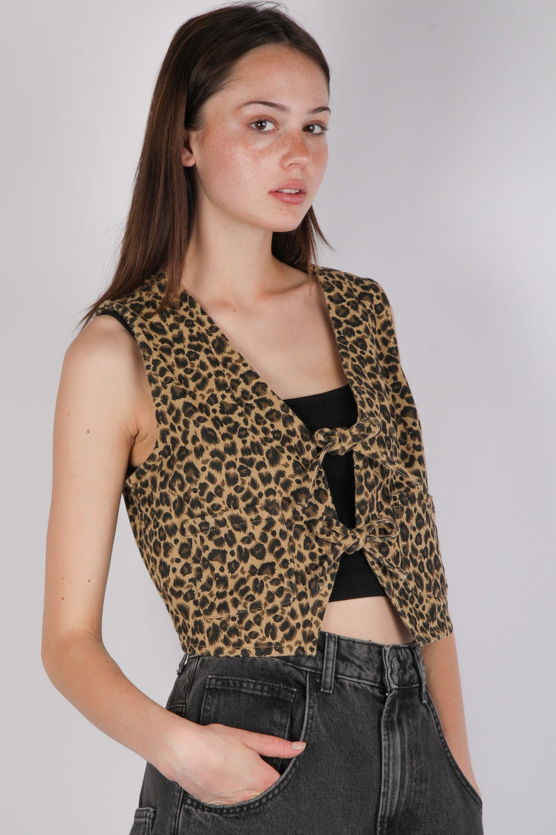 Leopard Denim Front Tie Cropped Vest