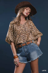 Bubble Sleeved Leopard Print Blouse