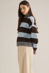 Brown and Cream Stripe Ribbed Trim Sweater