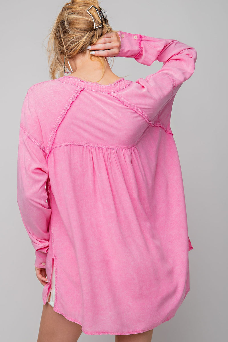 Pink Mineral Washed Raw Hem Button Down Top
