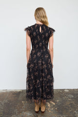 Black Floral Ruffle Tiered Midi Dress