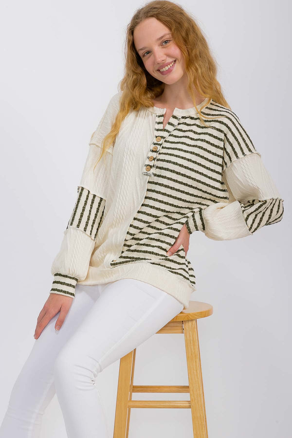 Olive Stripe and Cable Knit Contrast Exposed Seam Top
