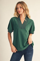 Rib Contrast V- Neck Top