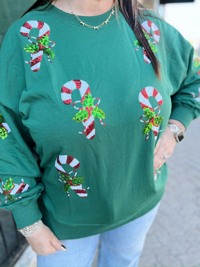 Hunter Green Pullover With Sequin Candycanes