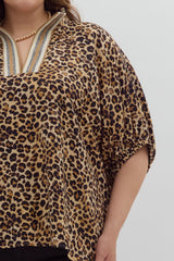 Curvy Leopard Print High Neck Elastic Sleeve Dolman Top