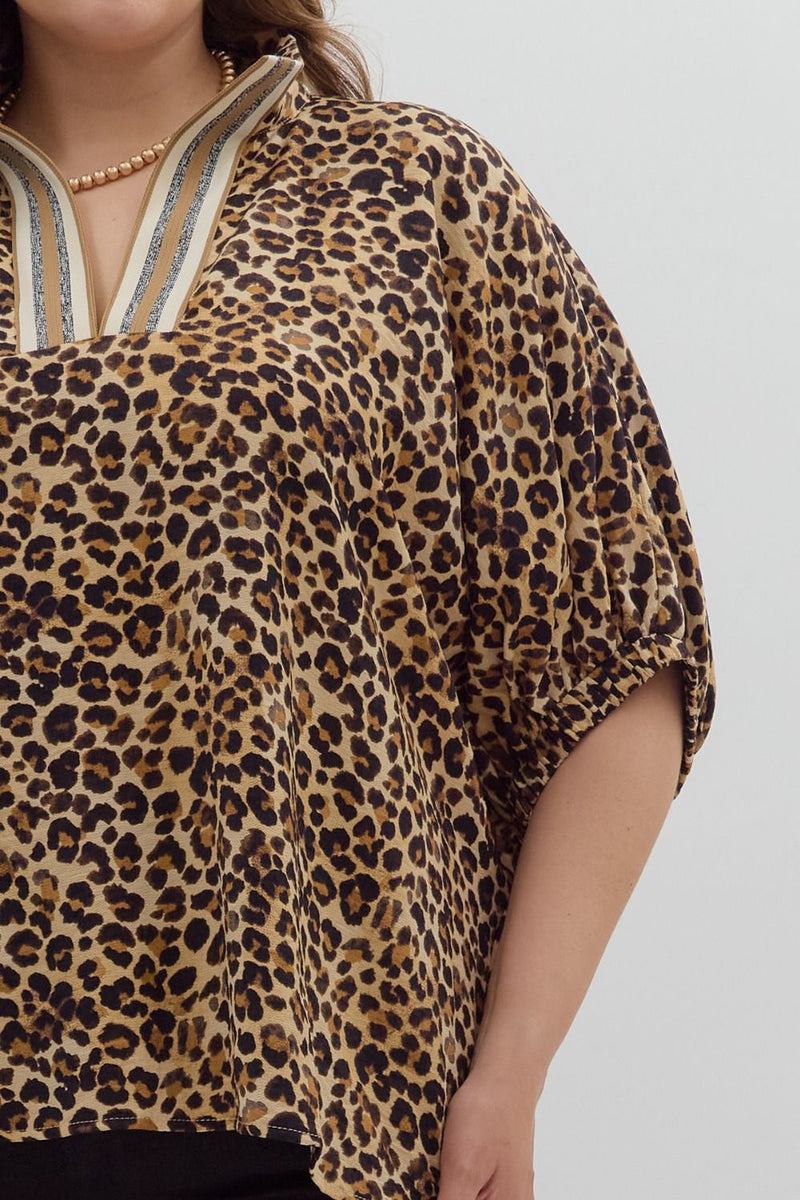 Curvy Leopard Print High Neck Elastic Sleeve Dolman Top