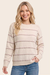 Oatmeal and Pink Crew Neck Long Sleeve Sweater