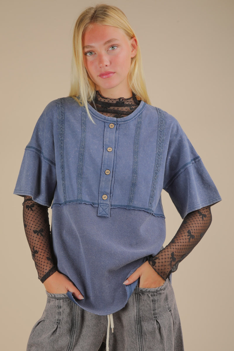 Blue Mineral Wash Top With Front Lace Trim