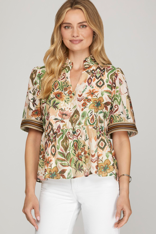 Half Sleeve Woven Print Top W/ Trim Detail on Sleeve