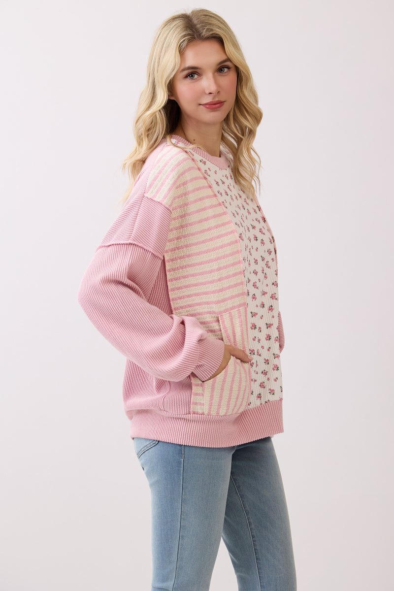 Pink Rib Patch Pullover Top
