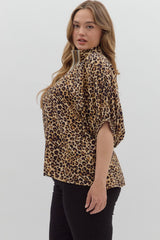 Curvy Leopard Print High Neck Elastic Sleeve Dolman Top