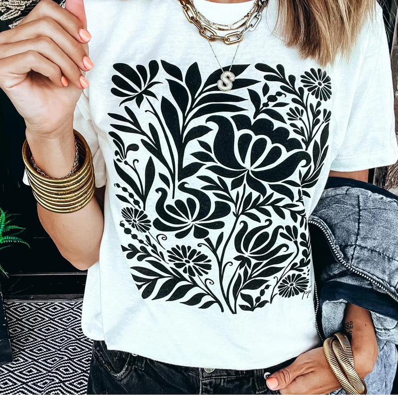 Cream Tee With Black Floral Print