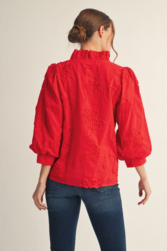 Red Embroidered Button Up Long Sleeve Top