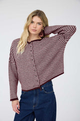Stripe Raw Edge Drop Shoulder  Knit Cardigan