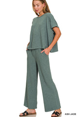 Textured Cotton Short Sleeve Top & Pant Set