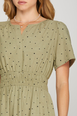 Light Olive Polka Dot Short Sleeve Elastic Waist Dress