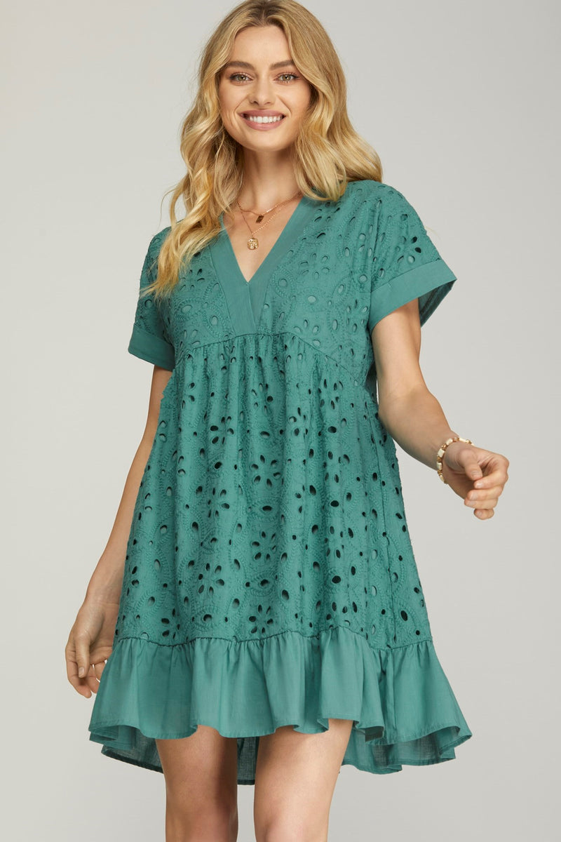 Sea Green Eyelet Ruffle Hem Dress